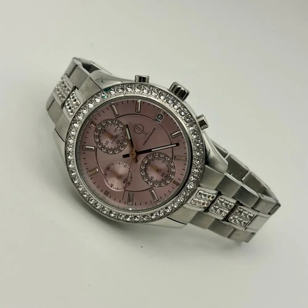 Jennifer Lopez Silver Tone Pink Dial Crystal Accents Women’s Chronograph Watch